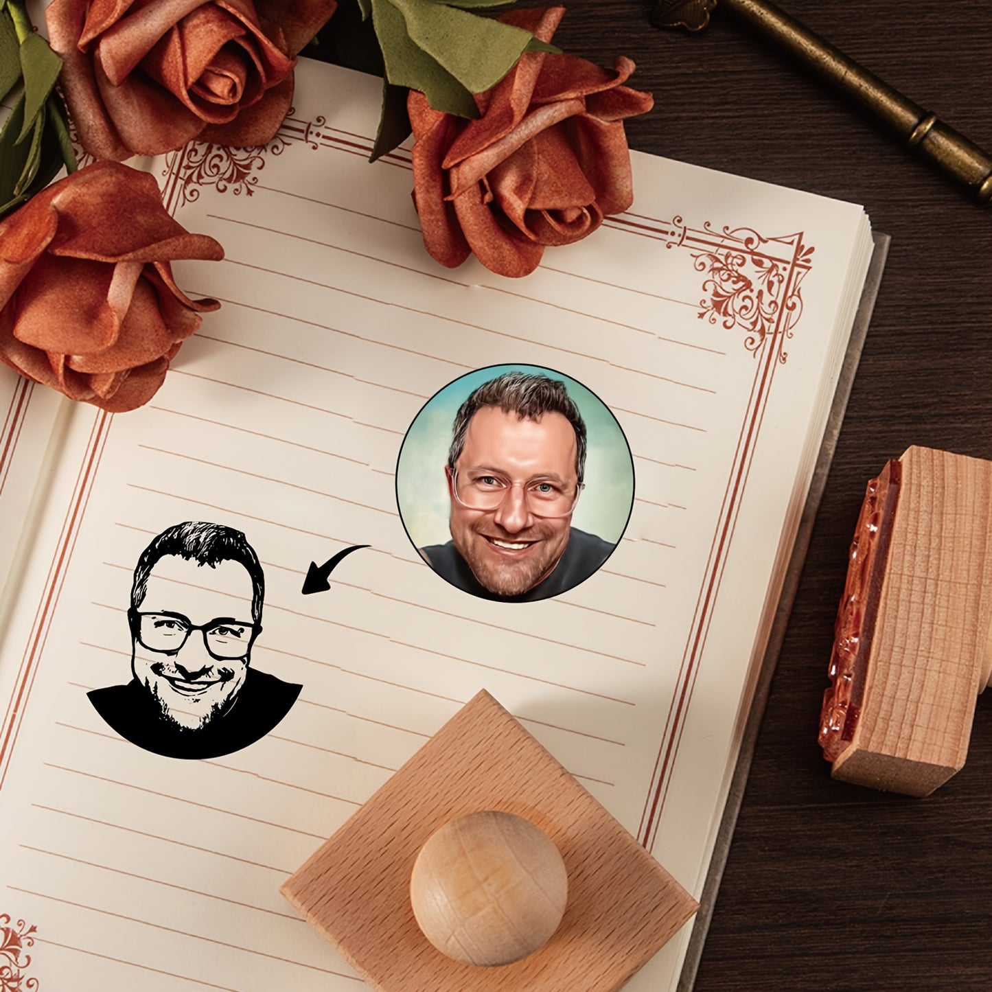 Personalized Rubber Portrait Stamp, Custom Engraved Crude Wood Handle, Photo/Anniversary Illustration Stamp, Ideal for Couples, Pets & Wedding, Unique Christmas Gift
