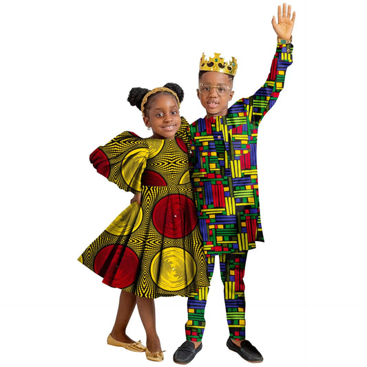 Wedding African Family Matching Outfits for Kids Sister Brother Girls Dress and Boys Pants Set Children Ankara Print Clothing
